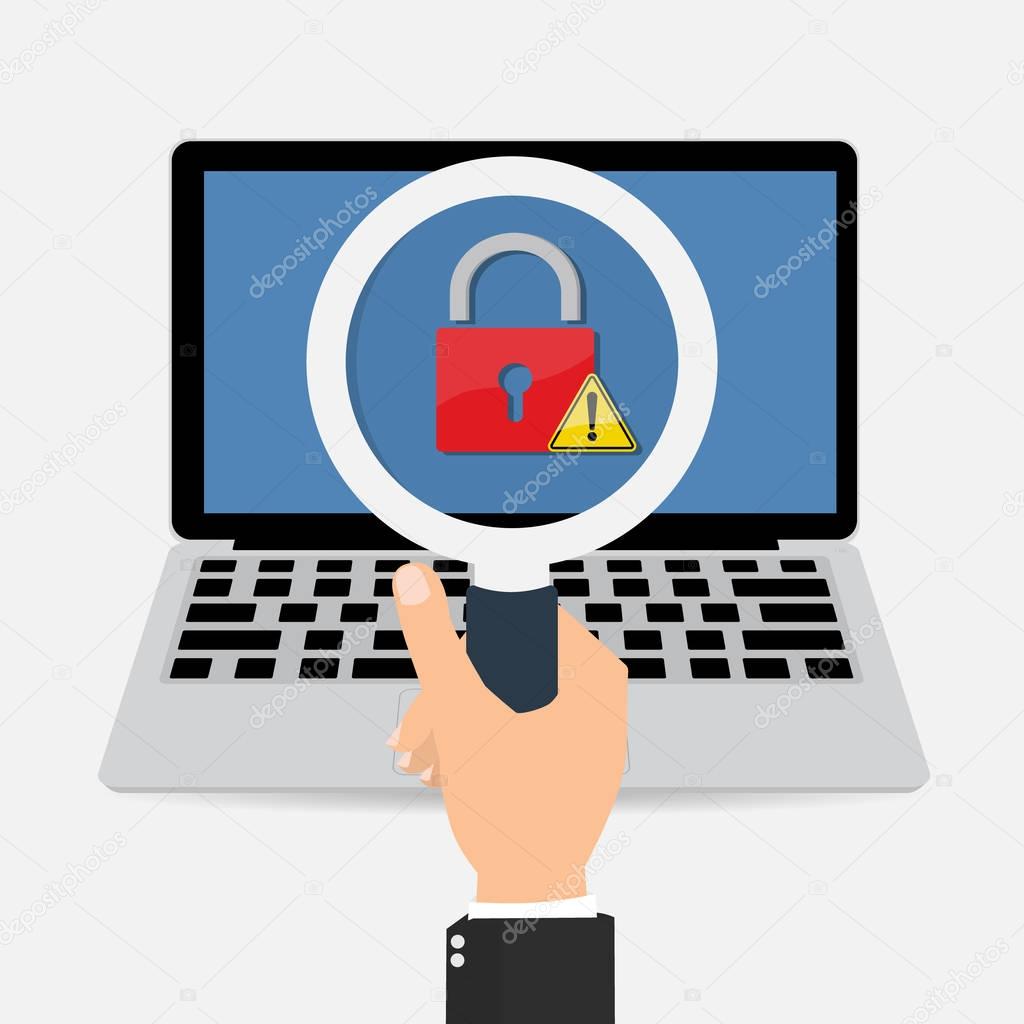 Businessman hand with magnifying glass found Computer laptop with red key lock with exclamation mark and malware ransomware attack . Vector illustration cybercrime and cyber security concept.