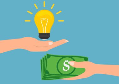 Para banknot için elleriyle fikir ampul simgesi gölgeler ile mavi arka plan üzerinde fikir kavramı ile satın. Vektör çizim fikir konsept tasarımı.
