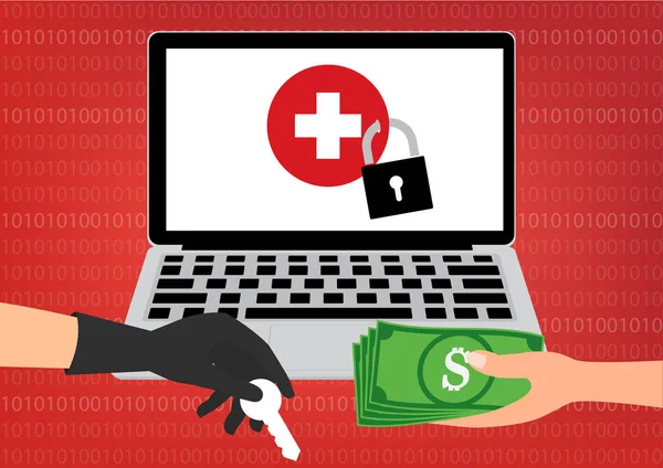 Χέρι που κρατά χρήματα τραπεζογραμματίων για την πληρωμή το κλειδί χάκερ για να ξεκλειδώσετε δεδομένων υγειονομικής περίθαλψης πήρε ransomware malware ιών υπολογιστή. Vector εικονογράφηση τεχνολογία cyber έγκλημα δεδομένα απορρήτου και ασφάλειας έννοια. — Διανυσματικό Αρχείο