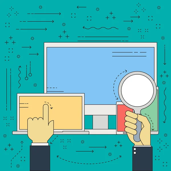 Línea plana vector hombre de negocios mano con lupa para debe y encontrar para el ordenador del dispositivo portátil teléfono inteligente móvil y tableta para el trabajo. Ilustración vectorial concepto de tecnología empresarial . — Archivo Imágenes Vectoriales