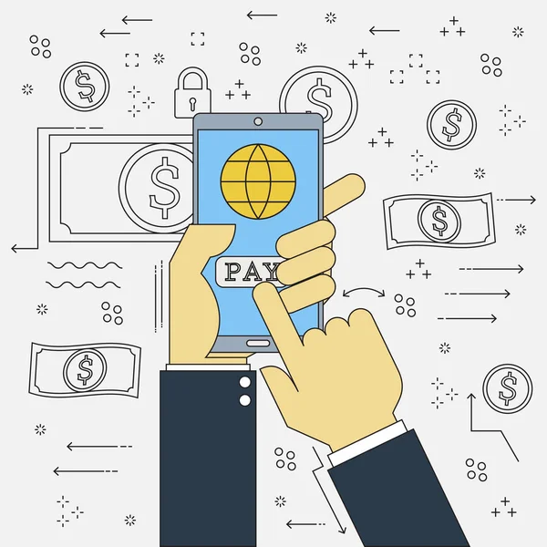 Diseño de Doodle vector de línea plana Tecnología financiera de mano hombre de negocios fintech con el pago en línea del teléfono móvil. Diseño de concepto de ilustración vectorial start up business . — Archivo Imágenes Vectoriales