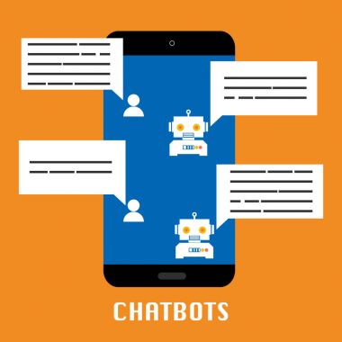 Turuncu arka plan üzerinde hareket eden sohbet etmek. Vektör çizim Chatbots AI yapay zeka teknoloji kavramı. 
