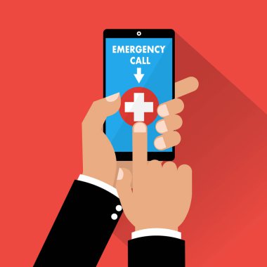 İnsan elinin üstünde smartphone telefon acil arama kullanarak. Vektör illüstrasyon iş kavramı tasarım.