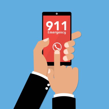 Acil durum kullanarak el smartphone telefon 911'i ara. Vektör illüstrasyon iş kavramı tasarım.