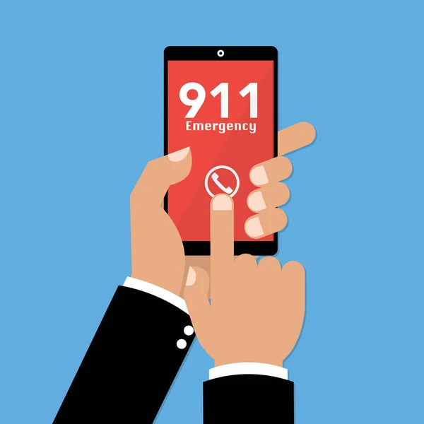 人类的手使用紧急拨打 911 在智能手机上移动。矢量插图业务概念设计. — 图库矢量图片