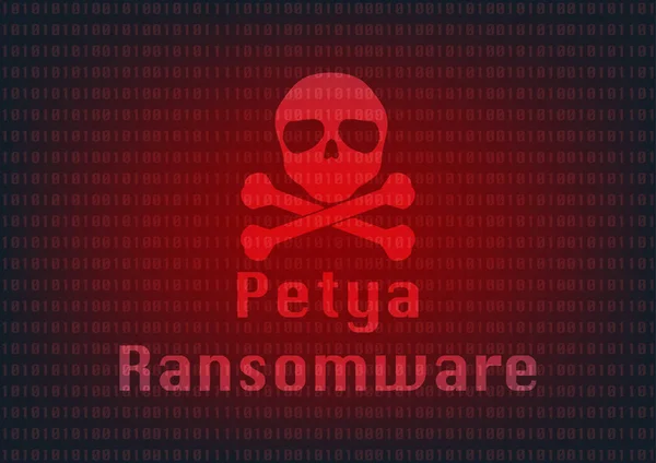 Abstrakte Malware Ransomware Petya Virus verschlüsselte Dateien mit Schädel auf binären Bithintergrund. Vektor Illustration Cybercrime und Cyber-Sicherheitskonzept. — Stockvektor