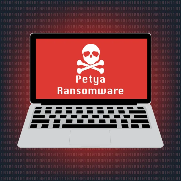 Malware Ransomware Petya virus fichiers cryptés et montrer crâne sur l'écran d'ordinateur portable. Illustration vectorielle concept de cybercriminalité et de cybersécurité . — Image vectorielle