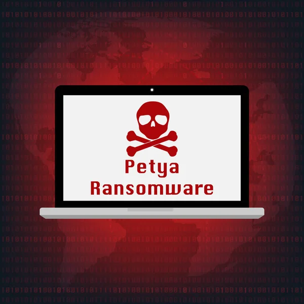 Malware Ransomware Petya virus encriptado archivos en la pantalla del ordenador portátil con el fondo del mapa del mundo. Ilustración vectorial de ciberdelincuencia y ciberseguridad . — Archivo Imágenes Vectoriales