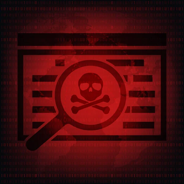 Kötü amaçlı yazılım Ransomware virüs şifrelenmiş dosyaları büyüteç ile kafatası dünya harita arka plan ile. Vektör çizim siber suçlar ve siber güvenlik kavramı. — Stok Vektör