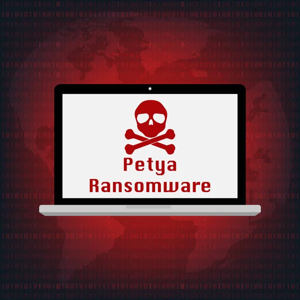 マルウェア ランサムウェア ペチャ ウイルスには、ラップトップ コンピューターの画面背景を世界地図上のファイルが暗号化されています。ベクトル図のサイバー犯罪、サイバー セキュリティの概念. ロイヤリティフリーストックベクター