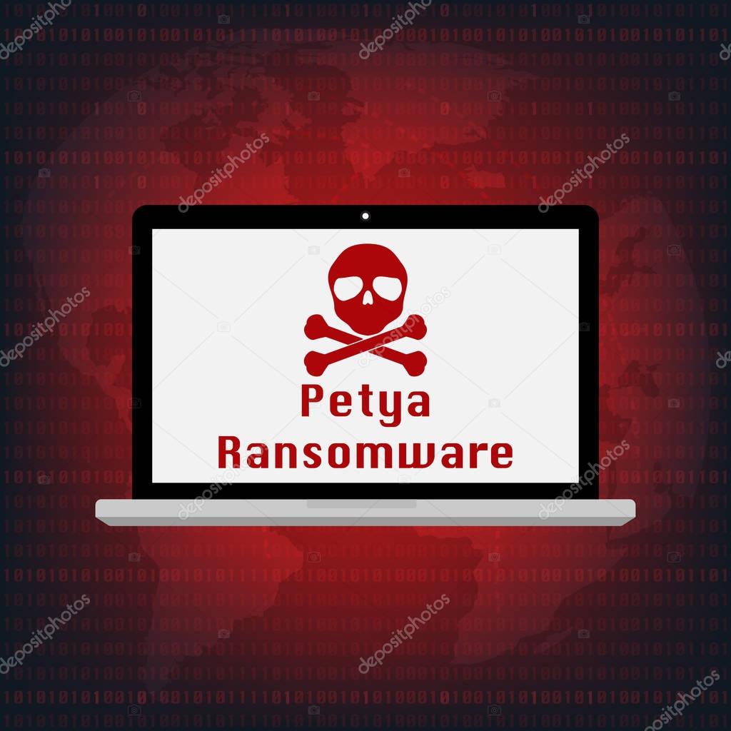 Malware Ransomware Petya virus encrypted files on laptop computer screen with world map background. Vector illustration cybercrime and cyber security concept.