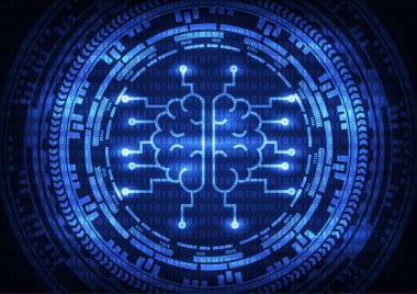 İkili kod arka plan üzerinde ring gears ile yapay zeka beyin. Vektör çizim teknoloji arka plan.