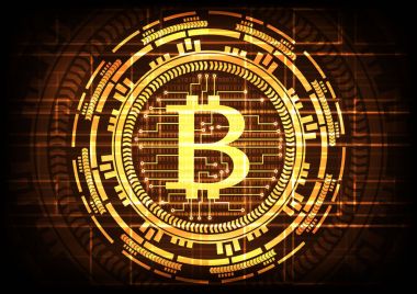İkili kod satırında devre ile teknoloji bitcoins logo soyut ve altın arka plan dişli. Vektör çizim bitcoin araştırma internet online teknoloji kavramı.