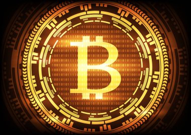 İkili kod teknoloji bitcoins logosuna soyut ve altın arka plan dişli. Vektör çizim bitcoin araştırma internet online teknoloji kavramı.