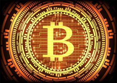 İkili kod satırında devre ile teknoloji bitcoins logo soyut ve altın arka plan dişli. Vektör çizim bitcoin araştırma internet online teknoloji kavramı.