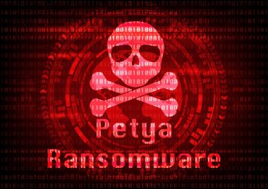 Soyut Malware Ransomware petya virüs şifrelenmiş dosyaları kafatası ile ikili bit arka plan. Vektör çizim siber suçlar ve siber güvenlik kavramı.