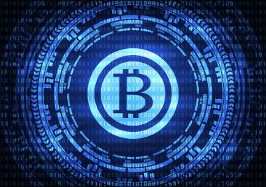 İkili kod teknoloji bitcoins logosuna soyut ve mavi arka plan dişli. Vektör çizim siber suçlar ve siber güvenlik kavramı.