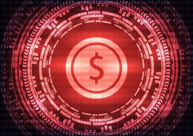 İkili kod teknoloji Doları logosuna soyut ve kırmızı arka plan dişli. Vektör çizim siber suçlar ve siber güvenlik kavramı.
