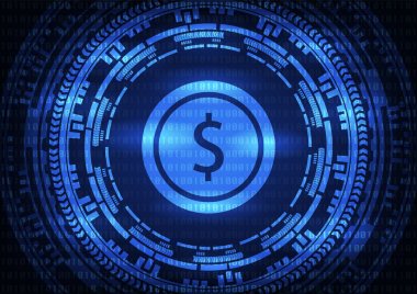 İkili kod teknoloji Doları logosuna soyut ve mavi arka plan dişli. Vektör çizim siber suçlar ve siber güvenlik kavramı.