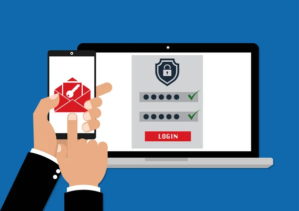 İki faktörlü kimlik doğrulama telefon e-posta güvenlik anahtarınızı ve şifrenizi giriş ile. Vektör çizim muti faktör kimlik doğrulama kavramı. — Stok Vektör