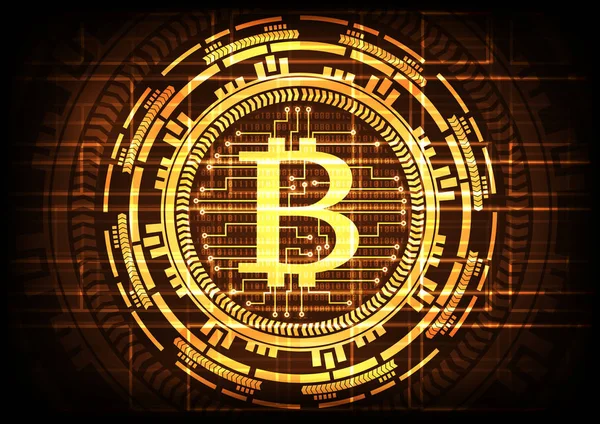 バイナリ コード上の回路線技術 bitcoins ロゴを抽象化し、ギアの金の背景色。ベクトル図 bitcoin マイニング インターネット オンライン技術コンセプト. — ストックベクタ