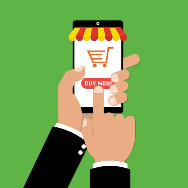 Mani umane utilizzando smartphone mobile per il pagamento online. Illustrazione vettoriale business shopping online concept design . — Vettoriale Stock