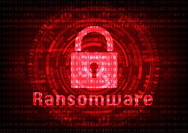 Abstrakte Malware Ransomware-Virus verschlüsselte Dateien mit Schlüssel auf binären Bithintergrund. Vektor Illustration Cybercrime und Cyber-Sicherheitskonzept. — Stockvektor