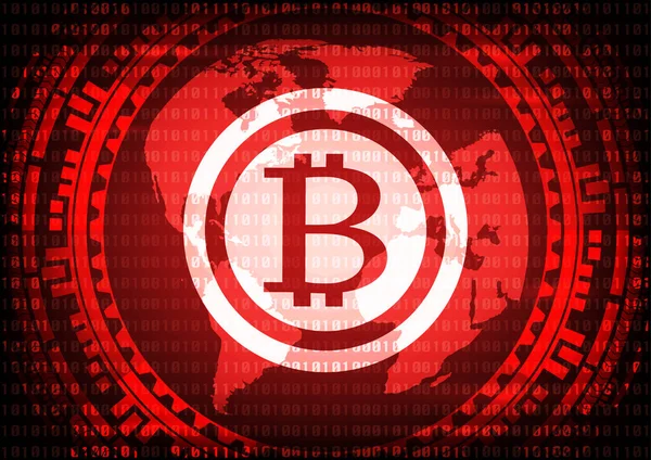 Streszczenie technologia bitcoiny logo na kod binarny i sprzęt tło mapy świata. Ilustracja wektora cyberprzestępczości i cyber koncepcji bezpieczeństwa. — Wektor stockowy