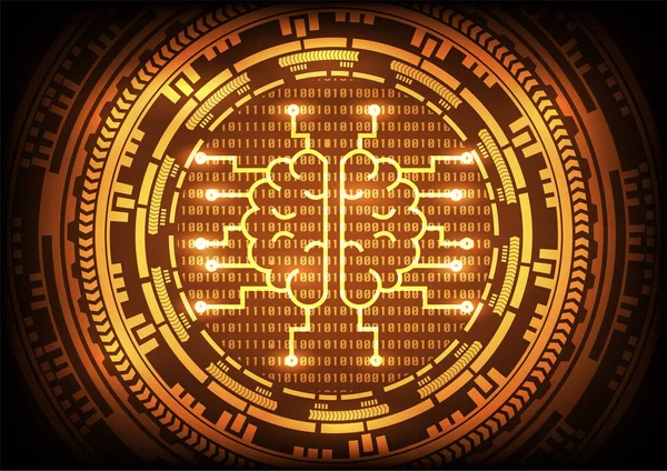 Cerebro de inteligencia artificial con engranajes de oro anillo en el fondo de código binario. Vector tecnología de ilustración fondo abstracto . — Vector de stock