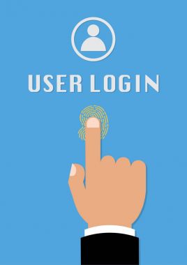 İşadamı el parmak izi inceden inceye gözden geçirmek ile ekran arka planda parmak ile oturum açmak için Biyometrik kimlik ile güvenlik erişim sağlar. Vektör illüstrasyon iş siber güvenlik kavramı.