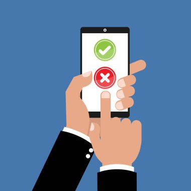 Tablet onay işareti ile ve mark doğru ya da yanlış online anket formu X tutan işadamı el. Vektör illüstrasyon iş online teknoloji kavramı.