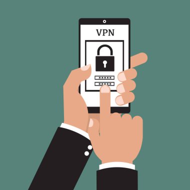 Akıllı telefon tablet app Vpn oluşturma Internet iletişim kuralları için koruma özel ağ ile tutan işadamı el. Vektör çizim teknoloji iş online kavramı. 