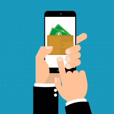 İşadamı el e-cüzdan online ödeme için mobil akıllı telefon üzerine gelin. Vektör çizim online iş ewallet kavramı.