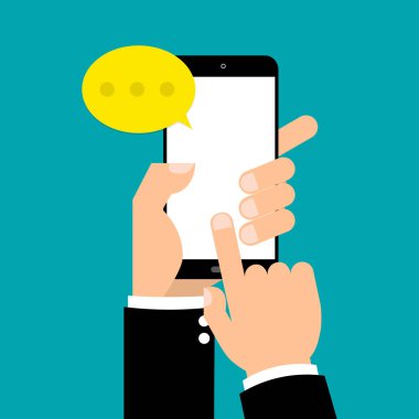 İş adamı el ekrana işaret ve kabarcık konuşmalar mavi zemin üzerine sohbet. Vektör illüstrasyon kavramı online konuşma konuşma konuşma ve iletişim tasarımı.