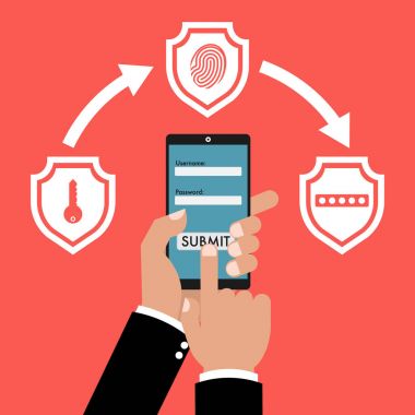 Akıllı telefon tablet ile üç kalkanlar çok faktör kimlik doğrulama kavramı kırmızı arka plan üzerinde tutan işadamı el. Vektör illüstrasyon iş cybersecurity konsept tasarımı.