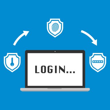 Bilgisayar dizüstü giriş göstermek çok faktör kimlik doğrulama kavramı ile üç kalkanlar üzerinde mavi arka plan ile. Vektör illüstrasyon iş cybersecurity konsept tasarımı.