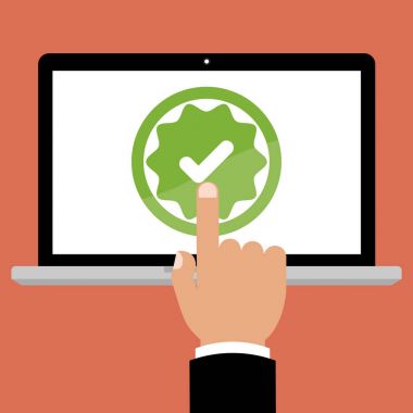 Dizüstü bilgisayar geribildirim ile işadamı el noktasına doğru online anket ve kırmızı bir arka plan kontrol listesine. Çizgi film düz vektör illüstrasyon iş çevrimiçi ağ kavramı.