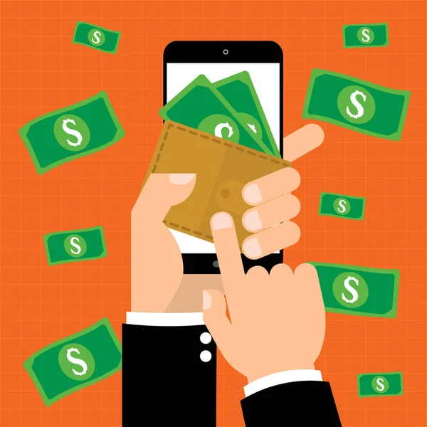 Business man punta mano a e-Wallet con banconota su smartphone mobile per il pagamento online con banconota sullo sfondo. Illustrazione vettoriale business online eWallet concept . — Vettoriale Stock