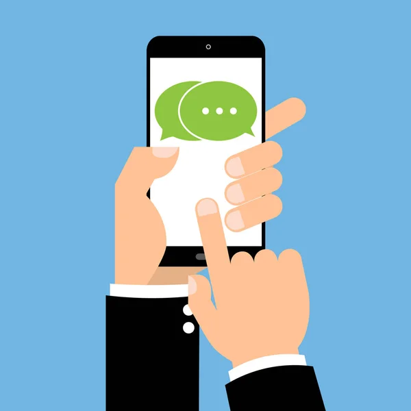 Zakenman hand met smartphone en babbelen zeepbel toespraken op blauwe achtergrond. Vector illustratie concept van online praten spreken gesprek en dialoogvenster design. — Stockvector