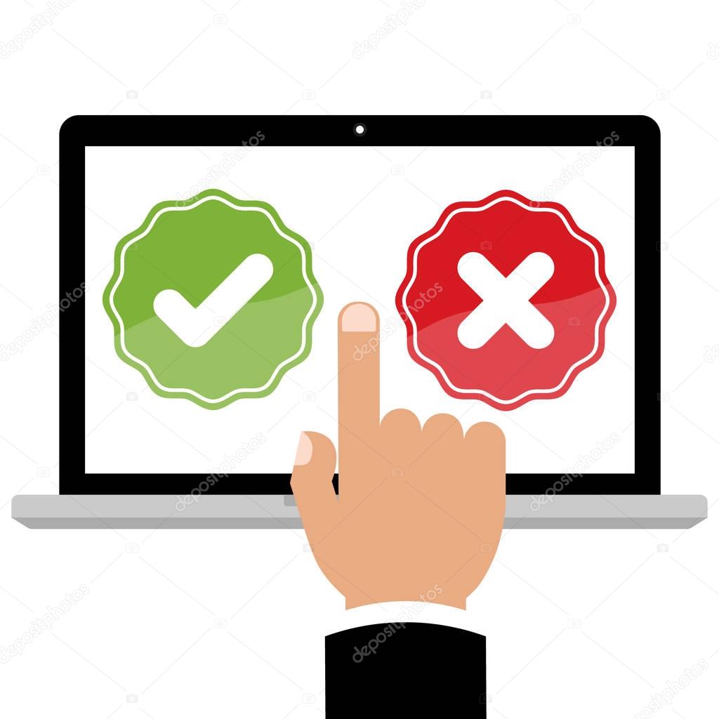 Businessman hand point to laptop computer with feedback right and wrong online survey and checklist on red background. Cartoon flat vector illustration business online network concept.