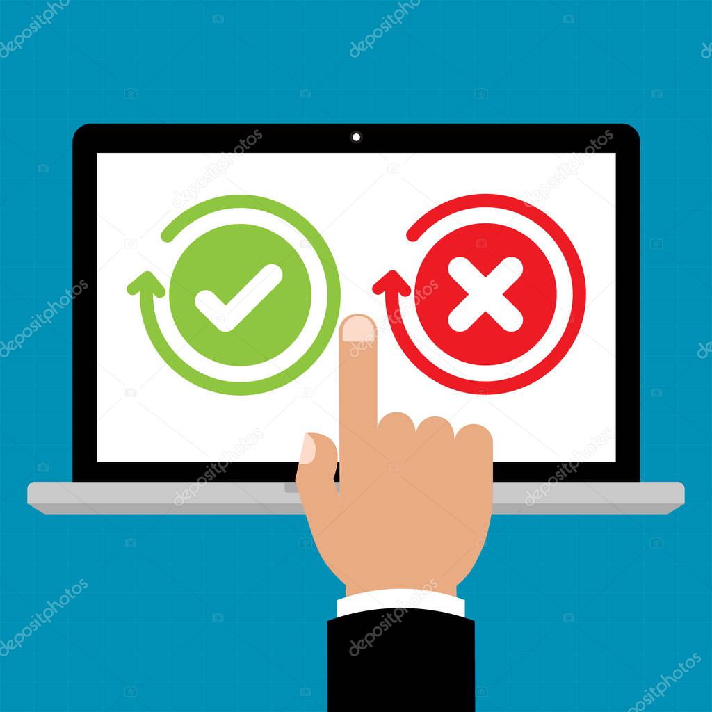 Businessman hand point to laptop computer for Green check mark and red X mark Right and Wrong for feedback. Cartoon flat vector illustration business online network concept.