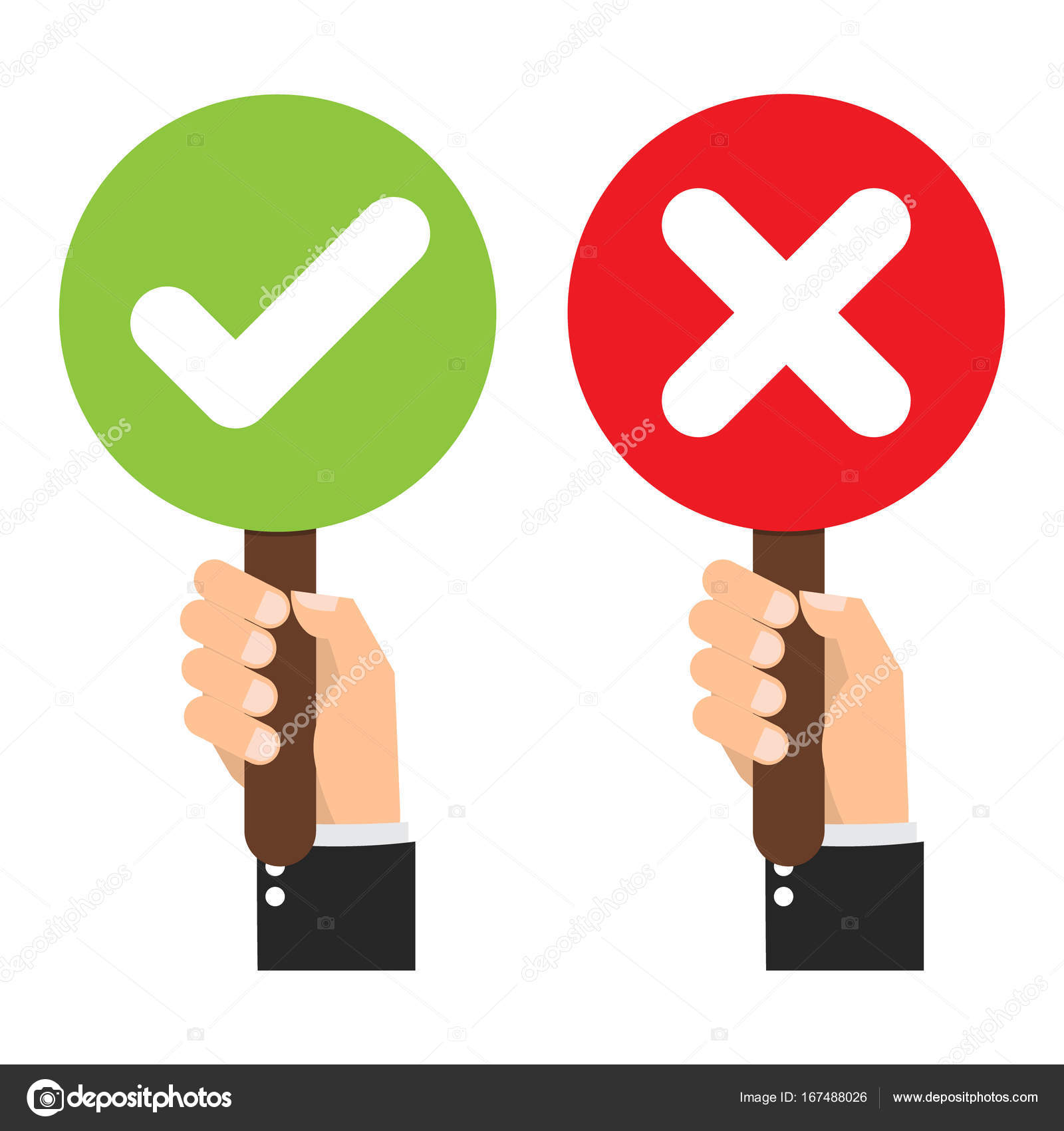 Businessman hand hold signboard Green check mark and red X mark Right and Wrong for feedback. Cartoon flat vector illustration business concept. Stock Vector Image by ©nicescene #167488026 Businessman hand hold signboard Green check mark and red X mark Right and Wrong for feedback. Cartoon flat vector illustration business concept. Stock Vector Image by ©nicescene #167488026