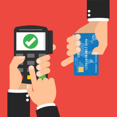 Kredi kartı ile el ve Pos terminali ile ödeme işleme sistemi ile başarılı ödeme ile el. Vektör illüstrasyon iş kavramı tasarım.