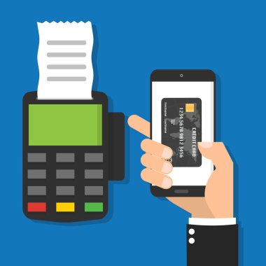 İşadamı el smartphone Mobil ödeme ve Pos terminal kredi kartı okuyucu makine bill ile işleme için ekrandaki sanal kredi kartı ile telefon tutarak.