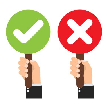 İşadamı el tutun tabela yeşil onay işareti ve kırmızı X işareti tam ve geri bildirim için yanlış. Çizgi film düz vektör illüstrasyon iş kavramı.