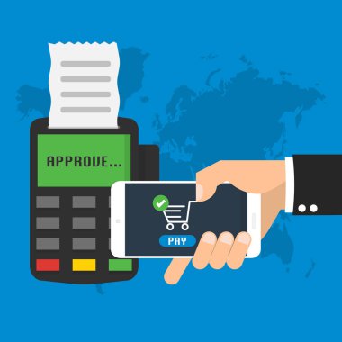 Mobil ödeme ile Nfc teknoloji üstünde hareket eden telefon. Vektör çizim online teknoloji bunibess kavramı