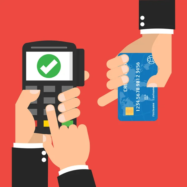 Hand met credit card en hand met Pos terminal met succesvolle betaling via systeem voor betaalverwerking. Vector illustratie business conceptontwerp. — Stockvector