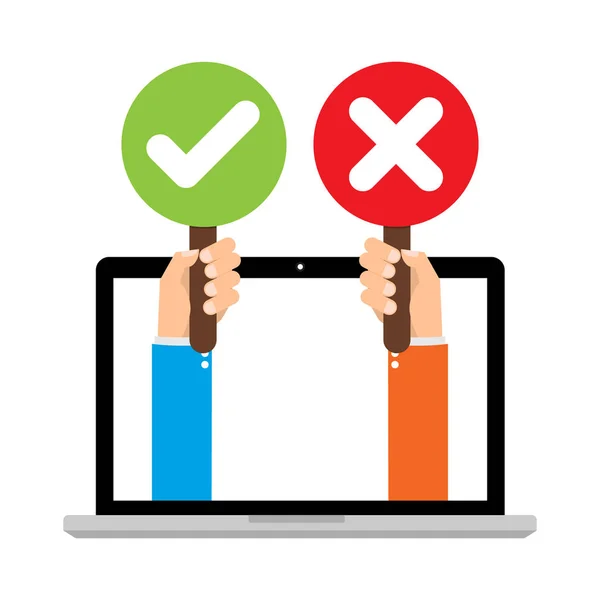 Zakenman hand houd uithangbord groen vinkje en rode X rechts markeren en verkeerd voor feedback van de laptopcomputer. Cartoon platte vector illustratie bedrijfsconcept. — Stockvector