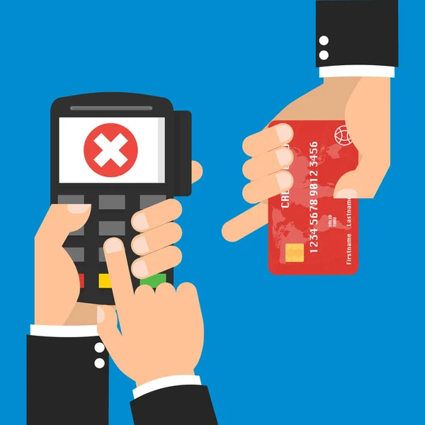 Hand met credit card en hand met Pos terminal met mislukte betaling via systeem voor betaalverwerking. Vector illustratie business conceptontwerp. — Stockvector