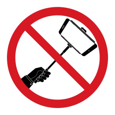 İnsan eli tutun selfie selfie sopa sopalarla işareti yasaklamaktadır. Vektör illüstrasyon izole işareti beyaz arka plan üzerinde yasakla.